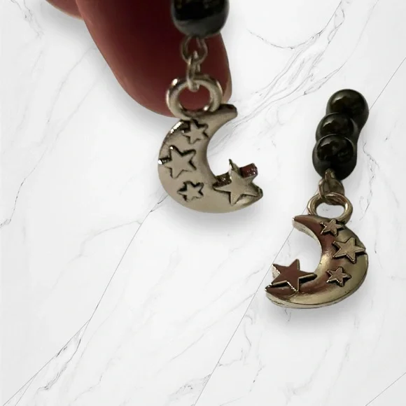 Hand Crafted Earrings Hematite Moon & Star Dangle Pierced Silver Gray Grey - Picture 4 of 9